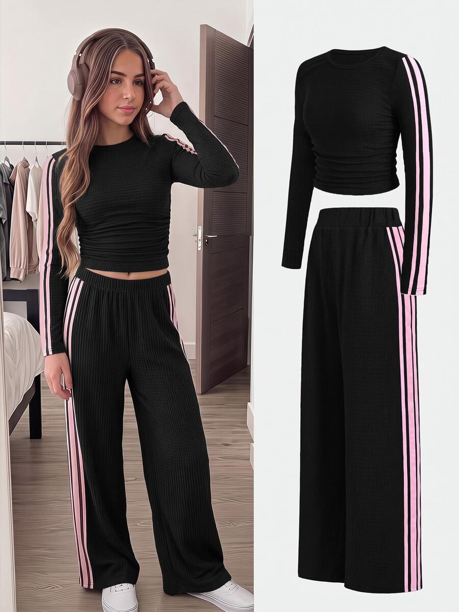 SHEIN Teen Girls Spring Autumn Brown Knitted Textured Fitted Ruched Crew Neck Pink Ribbon Trim Long Sleeve T-Shirt And Wide Leg Pants 2 Pieces Set, - Black - View 1