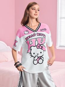 HELLO KITTY AND FRIENDS | SHEIN 女款字母與卡通印花休閒日常短袖T恤 - 粉色 - 查看 4