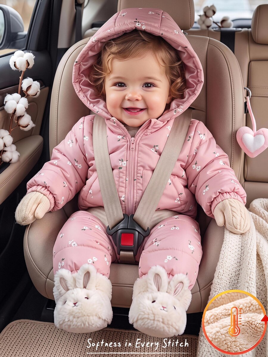Cozy Pixies Baby Girls Winter Coats Casual Versatile Woven Ditsy Floral Hooded Long Sleeve Thick Padded Thermal Lined Jumpsuit - Pink - View 1