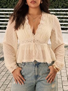 GalTyme Plus Size Sweet French Lace Button Shirt - Beige - View 5