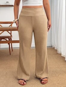 SHEIN PETITE CURVE 大尺碼女款休閒黑色高腰喇叭褲 秋季 - 卡其色 - 查看 5