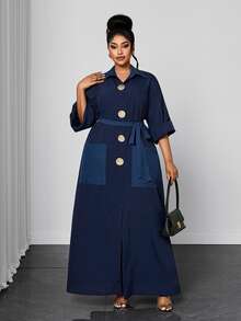 Maweii Plus Size Navy Blue Long Shirt Dress With Contrast Pocket Decor, Button Tie Waist, 3/4 Sleeve Fall Brunch Party Elegant - Navy Blue - View 6