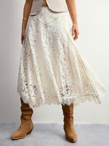 Willow Rêve Women's White Lace Asymmetrical Hem Midi Skirt - Cream - View 1