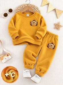 SHEIN Baby Boy Cartoon 3D Animal Graphic Knit Soft Crew Neck Long Sleeve Pullover Sweatshirt - Yellow - View 1