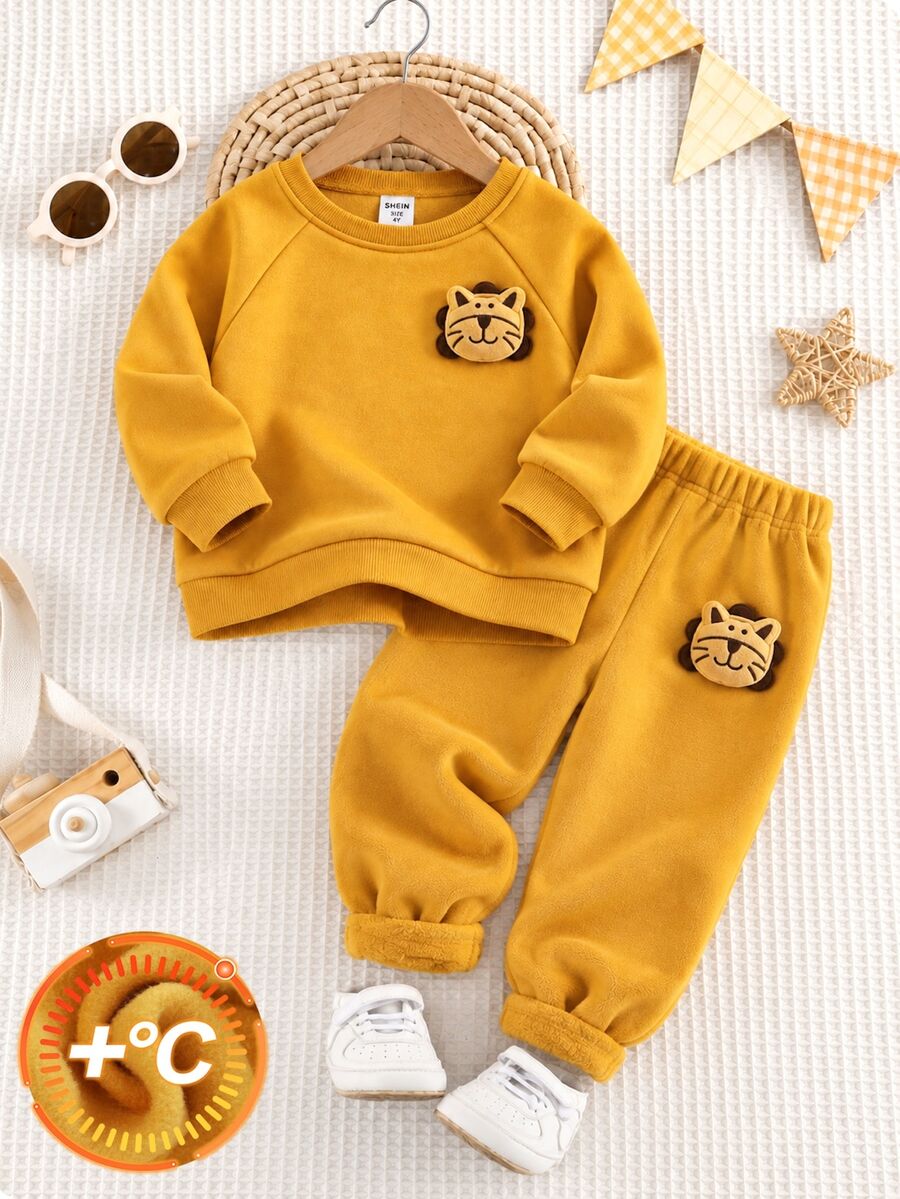 SHEIN Baby Boy Cartoon 3D Animal Graphic Knit Soft Crew Neck Long Sleeve Pullover Sweatshirt - Yellow - View 1
