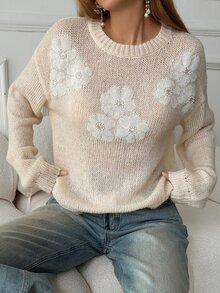 Livesso Women's Autumn/Winter Applique Decor Round Neck Drop Shoulder Long Sleeve Casual Sweater - Beige - View 5