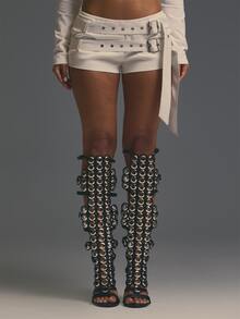 MUSERA White Belt Detail Eyelts Mini Shorts Style Fall Autumn Winter Coolgirl Halloween Party Going Out Concert Rave Disco Graphic Camo Sexy Thanksgiving - White - View 3