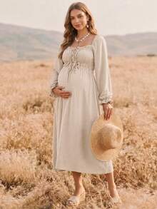 Boho Mama Brown Maternity Dress With Front-Center Lace-Up Waist – Casual Style For Daily Wear Or Vacation (Autumn) Country Style For Women Fall - Apricot - View 3