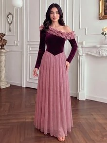 Modelyn Women's Elegant Asymmetrical Shoulder Ruffle Velvet & Sequin Patchwork Full Skirt Formal Evening Long Sleeve Dress - Burgundy - View 7