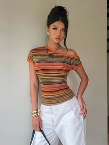 Aloruh 女款條紋不對稱肩短袖修身休閒T恤 - 橘色 - 查看 7