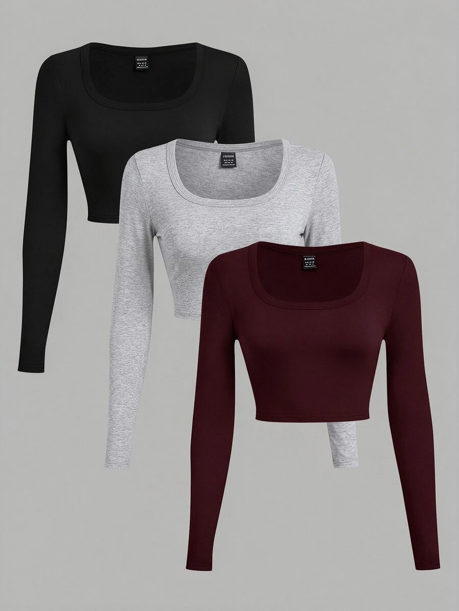SHEIN EZwear 女款純色方領長袖短版休閒T恤(3件組) - 彩色 - 查看 1