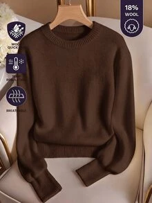 SHEIN BASICS 女款休閒百搭米白色圓領長袖針織毛衣，秋季女裝，適合上班、日常、居家、辦公室穿搭 - 棕色 - 查看 2