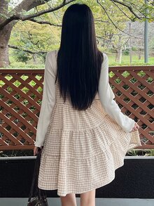 FRIFUL 女款格紋細肩帶背心，蝴蝶結肩帶 A 字多層蛋糕拼接層次休閒背心，秋季穿著 - 杏色 - 查看 5