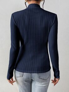SHEIN Frenchy 女款 93% 棉羅紋 2 件組 黑/藍長袖基礎 T 恤－居家休閒/通勤/旅行/四季皆宜 - 彩色 - 查看 6