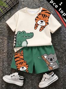 男嬰休閒簡約上衣 春/夏款，經典可愛卡通蠟筆手繪動物印花，鱷魚、老虎、熊、樹懶圖案 - 白色 - 查看 2
