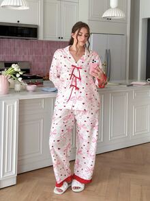 Slumberry CURVE Sweet & Cute Pajama Set, Lovely Girl Bow & Heart Print Pajama Set, Romantic & Elegant Plus Size Pajama Set - Multicolor - View 6