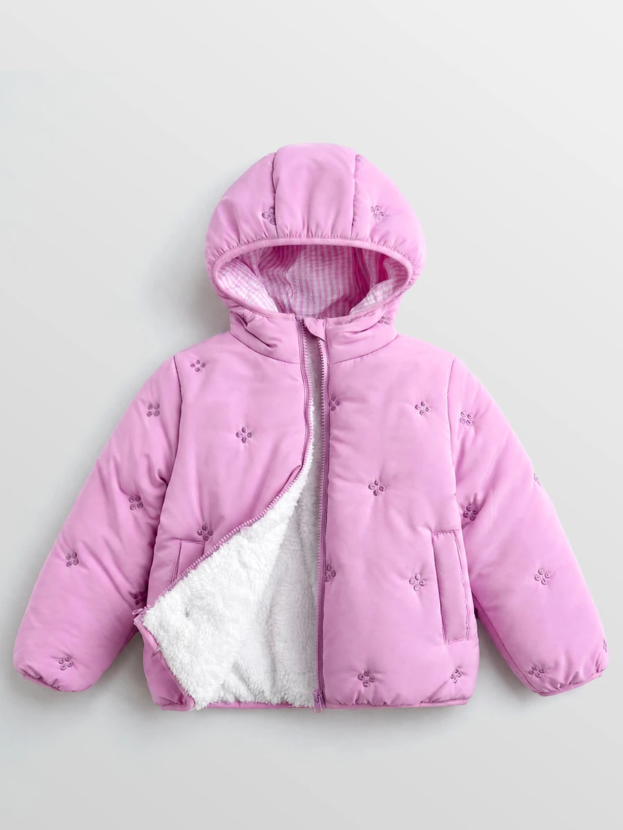 Maija Kids Maija Kids 1件少女可愛休閒精緻舒適百搭粉色刺繡條紋連帽長袖加厚外套,適合返校、外出、休閒活動、派對,秋冬穿著 - 粉色 - 查看 1
