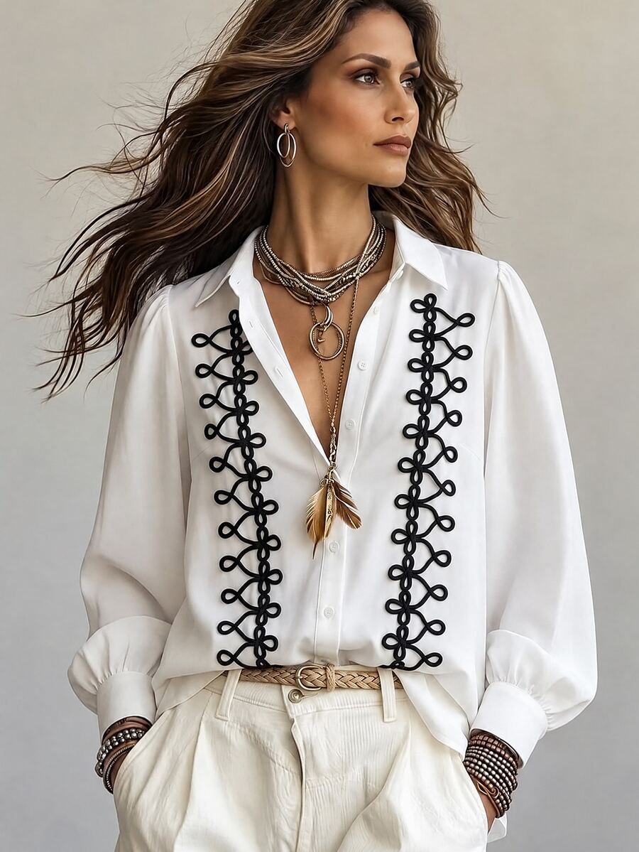 Linhara CURVE Women's Fashion Casual Long Sleeve Contrast Color Double-Breasted Button Lace British Style Blouse, Suitable For Daily Commute And Outing Wear - White - View 1