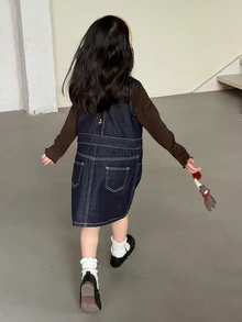 Dazy Kids Young Girl) Round Neck Contrast Stitching Sleeveless Vest Style Autumn Denim Dress - Dark Wash - View 2