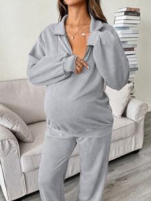 SHEIN 孕婦秋冬休閒衛衣與運動長褲哺乳兩件套秋季 - 淺灰色 - 查看 2