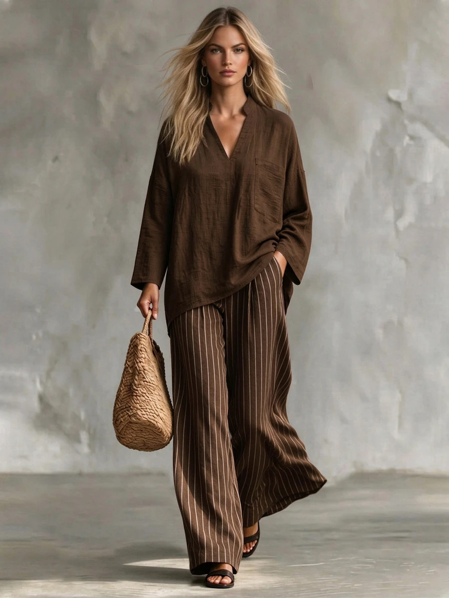 SHEIN Autumn Brown 2 Pieces Set Striped Pants With Pockets Casual Country Style Holiday Outing Outfit