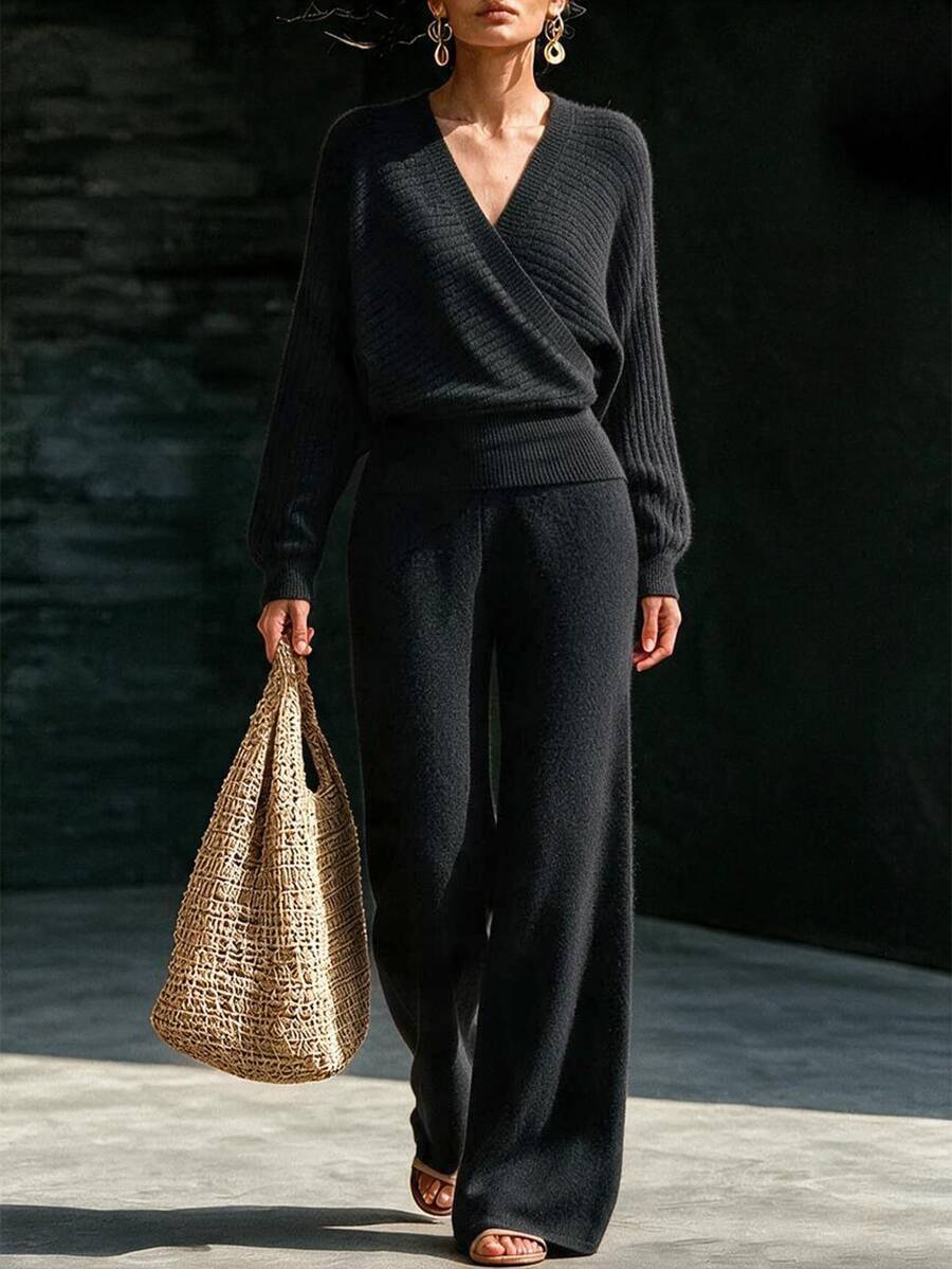 SHEIN New Oat Knit Two Pieces Set, Korean Gentle Style Loungewear - Black - View 1