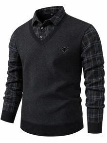 Manfinity Homme 男士格子拼接保暖內裡長袖上衣，秋冬保暖 Polo 男士格子袖長袖上衣 - 黑色 - 查看 4