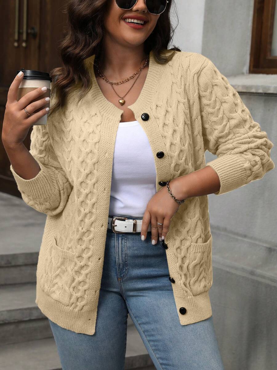 SHEIN Women Plus Size Fall Winter Black Cable Knit Cardigan, Round Neck Button Up Long Sleeve Sweater Coat With Side Pockets Casual - Apricot - View 1
