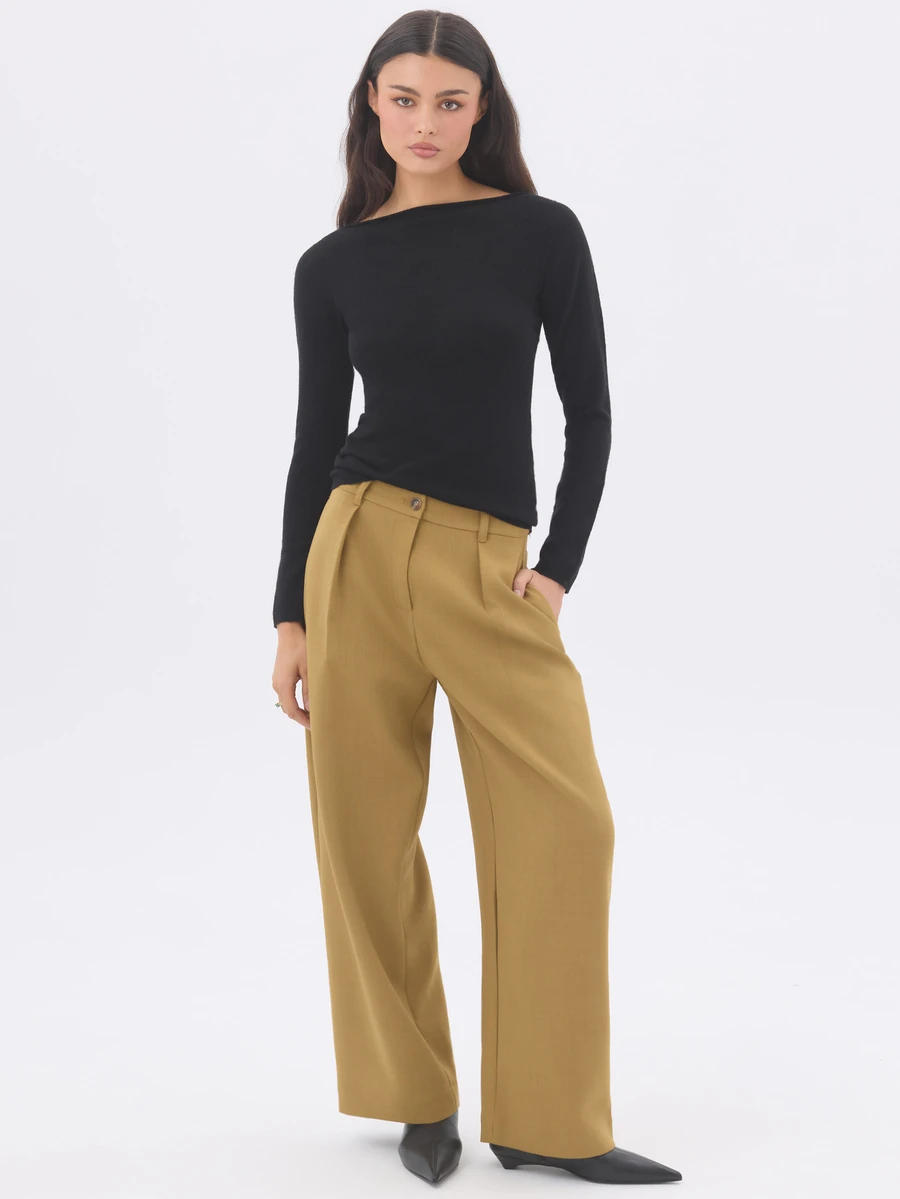 KÆRIA Hus High Waist Pleat Front Wide Leg Trousers - Compact Tailoring - Muted Chartreuse -Tailored - Pale Yellow - View 1