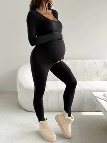 SHEIN Maternity Solid Color Long Sleeve Fitted Casual Jumpsuit - Black - View 1