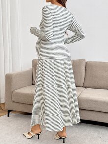 SHEIN Maternity Striped Round Neck Long Sleeve Ruffle Hem Elegant Dress - Multicolor - View 6