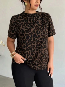 Firerie Casual Retro Leopard Print Fabric Plus Size Short Sleeve Shirt - Multicolor - View 6