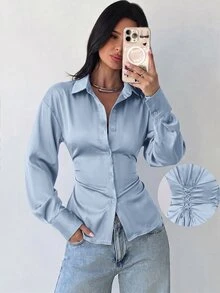 Firerie 女款長袖襯衫，後腰收腰設計，日常通勤與夜晚外出襯衫，度假襯衫，春夏秋冬四季穿著，優雅性感 - 藍色 - 查看 1