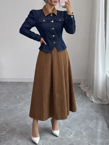 Elenzga 女款單排扣撞色長袖夾克與裙子休閒牛仔套裝 - 藍色 - 查看 4