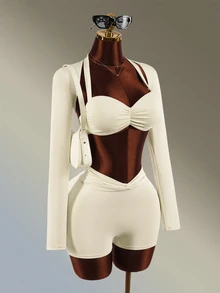 Amplova Women's Solid Color Long Sleeve Tank Top, Ruched Halter Neck Bra And Shorts Sports Set - White - View 4