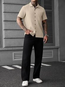Manfinity CasualCool 男士休閒純色棕色短袖單排扣襯衫，街頭風，夏季 - 杏色 - 查看 7