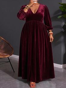 SHEIN CURVE+ Plus Size Elegant Gentle Velvet Pleated Dress - Burgundy - View 5