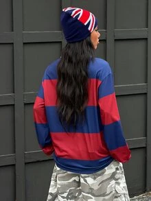 Coolane 男女款冬季街頭風休閒外出紅色條紋圖案運動休閒寬鬆長袖 Polo T恤，情侶同款 - 紅色 - 查看 7