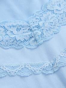 SHEIN Teen Girl Knit Blue Contrast Lace Trim V-Neck Long Sleeve Slim Fit T-Shirt - Baby Blue - View 3