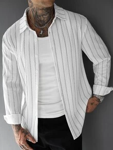 Manfinity Roughcore Men's Casual Black And White Striped Textured Shirt - Black and White - View 4