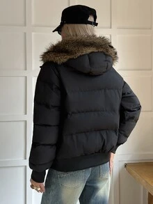 DAZY Women's Plush Patchwork Casual Versatile Winter Padded Coat - Black - View 4