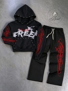 ROMWE MEN 2026 New Graphic Print Hoodie Sweatshirt Set, Thick Streetwear Style For Men, Autumn/Winter - Black - View 4