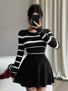 DAZY Women's Patchwork Striped Round Neck Long Sleeve Casual Knit Dress - Black - View 1