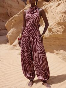 Zivah Women's Loose Zebra Print Cowl Neck Cover-Up Top With Lantern Pants, Beach Vacation - Multicolor - View 7