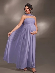 Cheriluna Maternity Elegant Ruffle Detail Solid Color Off-Shoulder Sleeveless Maternity Dress For Baby Shower, Christmas Party - Purple - View 7
