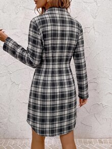 SHEIN Clasi 女款休閒復古2000年代格紋前扣洋裝，秋季職場棕色格紋 - 黑色 - 查看 2