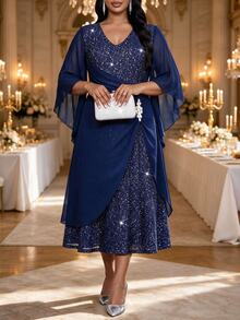 Fleurora Plus Size Elegant Sequin Pleated Rhinestone Embellished Dress Fall - Navy Blue - View 3