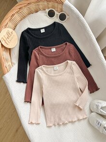 SHEIN 女嬰針織純色圓領休閒T恤上衣3件套，隨機3件，僅上衣 - 藕粉色 - 查看 4
