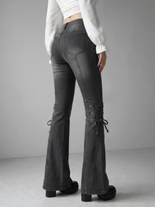 FRIFUL Women's Casual Flare Jeans With Pocket And Eyelet Lace-Up Design - Dark Grey - View 5