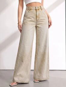 SHEIN Tall 女款時尚百搭鈕扣口袋牛仔褲 - 卡其色 - 查看 7